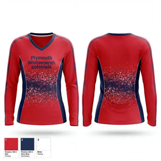 Womens Long Sleeve Vneck Shirt, Plymouth Whitemarsh colonials, Track & Field, Teamtime, Team time, sublimation, custom sports apparel, team uniforms, spirit wear, spiritwear, sports uniforms, custom shirts, team store, custom team store, fundraiser sports, apparel fundraiser