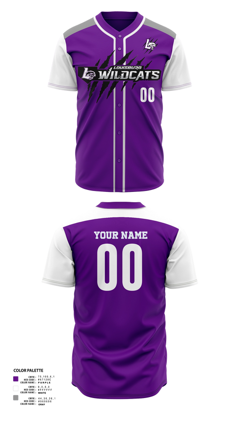 Full Button Baseball Jersey, Louisburg Wildcat Baseball, Baseball, Teamtime, Team time, sublimation, custom sports apparel, team uniforms, spirit wear, spiritwear, sports uniforms, custom shirts, team store, custom team store, fundraiser sports, apparel fundraiser