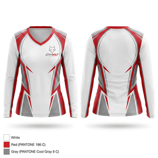 Womens Long Sleeve Vneck Shirt, Gray's Wolf Cave, Bowling, Teamtime, Team time, sublimation, custom sports apparel, team uniforms, spirit wear, spiritwear, sports uniforms, custom shirts, team store, custom team store, fundraiser sports, apparel fundraiser