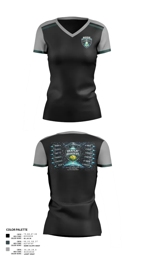 Womens Short Sleeve Vneck Shirt, Base Invaders, Softball, Teamtime, Team time, sublimation, custom sports apparel, team uniforms, spirit wear, spiritwear, sports uniforms, custom shirts, team store, custom team store, fundraiser sports, apparel fundraiser