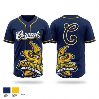 Full Button Baseball Jersey, Corozal Plataneros, Baseball, Teamtime, Team time, sublimation, custom sports apparel, team uniforms, spirit wear, spiritwear, sports uniforms, custom shirts, team store, custom team store, fundraiser sports, apparel fundraiser