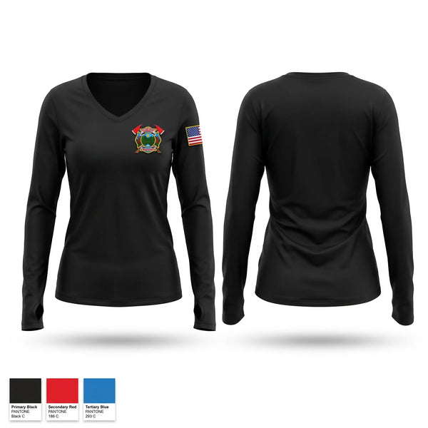 Womens Long Sleeve Vneck Shirt, Pittman center Volunteer fire department, Fire Department, Teamtime, Team time, sublimation, custom sports apparel, team uniforms, spirit wear, spiritwear, sports uniforms, custom shirts, team store, custom team store, fundraiser sports, apparel fundraiser