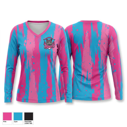 Womens Long Sleeve Vneck Shirt, Hippos, Baseball, Teamtime, Team time, sublimation, custom sports apparel, team uniforms, spirit wear, spiritwear, sports uniforms, custom shirts, team store, custom team store, fundraiser sports, apparel fundraiser