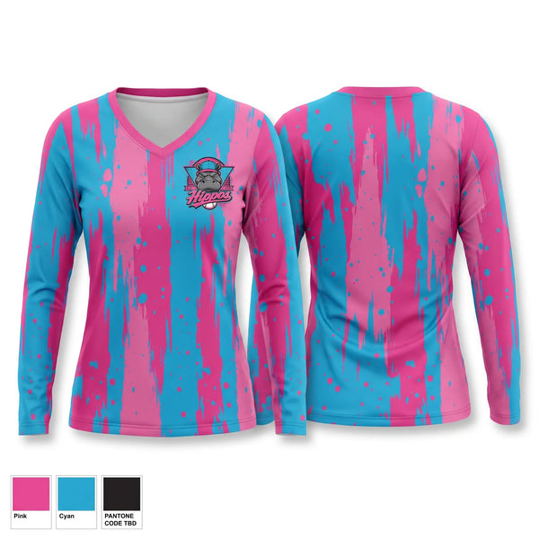 Womens Long Sleeve Vneck Shirt, Hippos, Baseball, Teamtime, Team time, sublimation, custom sports apparel, team uniforms, spirit wear, spiritwear, sports uniforms, custom shirts, team store, custom team store, fundraiser sports, apparel fundraiser