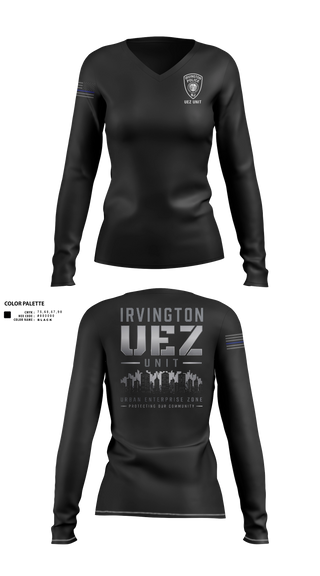 Womens Long Sleeve Vneck Shirt, Irvington UEZ, Police, Teamtime, Team time, sublimation, custom sports apparel, team uniforms, spirit wear, spiritwear, sports uniforms, custom shirts, team store, custom team store, fundraiser sports, apparel fundraiser