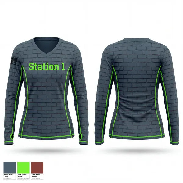 Womens Long Sleeve Vneck Shirt, Station 1, Fire Department, Teamtime, Team time, sublimation, custom sports apparel, team uniforms, spirit wear, spiritwear, sports uniforms, custom shirts, team store, custom team store, fundraiser sports, apparel fundraiser