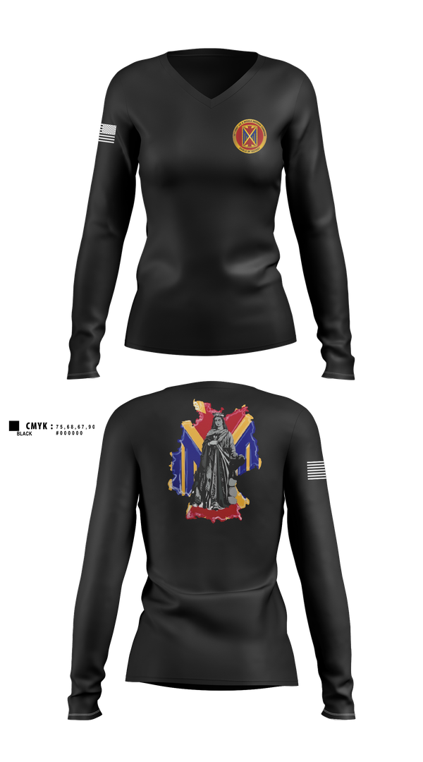 Womens Long Sleeve Vneck Shirt, 10th AAMDC, Army, Teamtime, Team time, sublimation, custom sports apparel, team uniforms, spirit wear, spiritwear, sports uniforms, custom shirts, team store, custom team store, fundraiser sports, apparel fundraiser