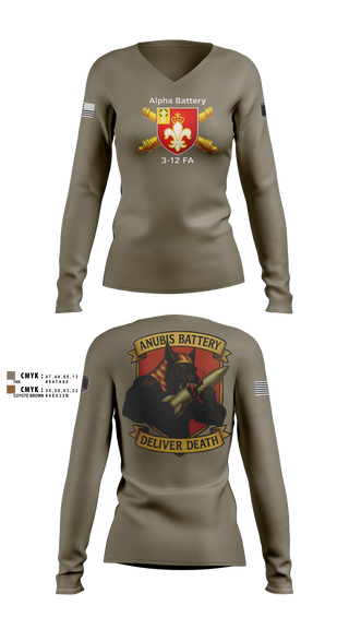 Womens Long Sleeve Vneck Shirt, Anubis Battery, 3-12 FA, Army, Teamtime, Team time, sublimation, custom sports apparel, team uniforms, spirit wear, spiritwear, sports uniforms, custom shirts, team store, custom team store, fundraiser sports, apparel fundraiser