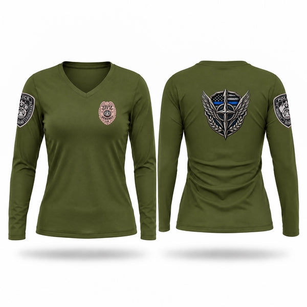 Womens Long Sleeve Vneck Shirt, DeQuincy Police Department, Police, Teamtime, Team time, sublimation, custom sports apparel, team uniforms, spirit wear, spiritwear, sports uniforms, custom shirts, team store, custom team store, fundraiser sports, apparel fundraiser