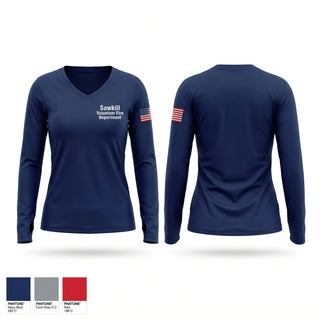 Womens Long Sleeve Vneck Shirt, Sawkill Volunteer Fire Department, Fire Department, Teamtime, Team time, sublimation, custom sports apparel, team uniforms, spirit wear, spiritwear, sports uniforms, custom shirts, team store, custom team store, fundraiser sports, apparel fundraiser