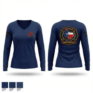 Womens Long Sleeve Vneck Shirt, Trinidad Fire Rescue, Fire Department, Teamtime, Team time, sublimation, custom sports apparel, team uniforms, spirit wear, spiritwear, sports uniforms, custom shirts, team store, custom team store, fundraiser sports, apparel fundraiser
