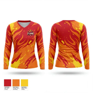 Womens Long Sleeve Vneck Shirt, FLAME NM, , Teamtime, Team time, sublimation, custom sports apparel, team uniforms, spirit wear, spiritwear, sports uniforms, custom shirts, team store, custom team store, fundraiser sports, apparel fundraiser
