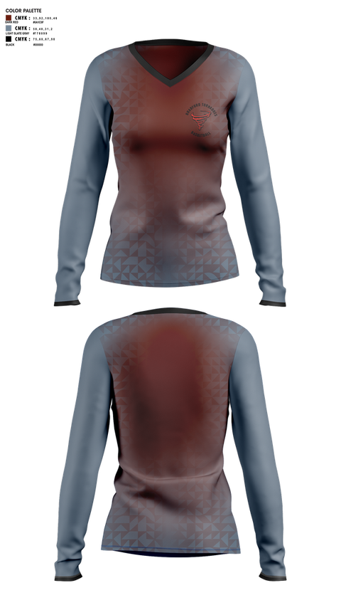Womens Long Sleeve Vneck Shirt, Bradford Middle School Tornadoes, Women's Basketball, Teamtime, Team time, sublimation, custom sports apparel, team uniforms, spirit wear, spiritwear, sports uniforms, custom shirts, team store, custom team store, fundraiser sports, apparel fundraiser