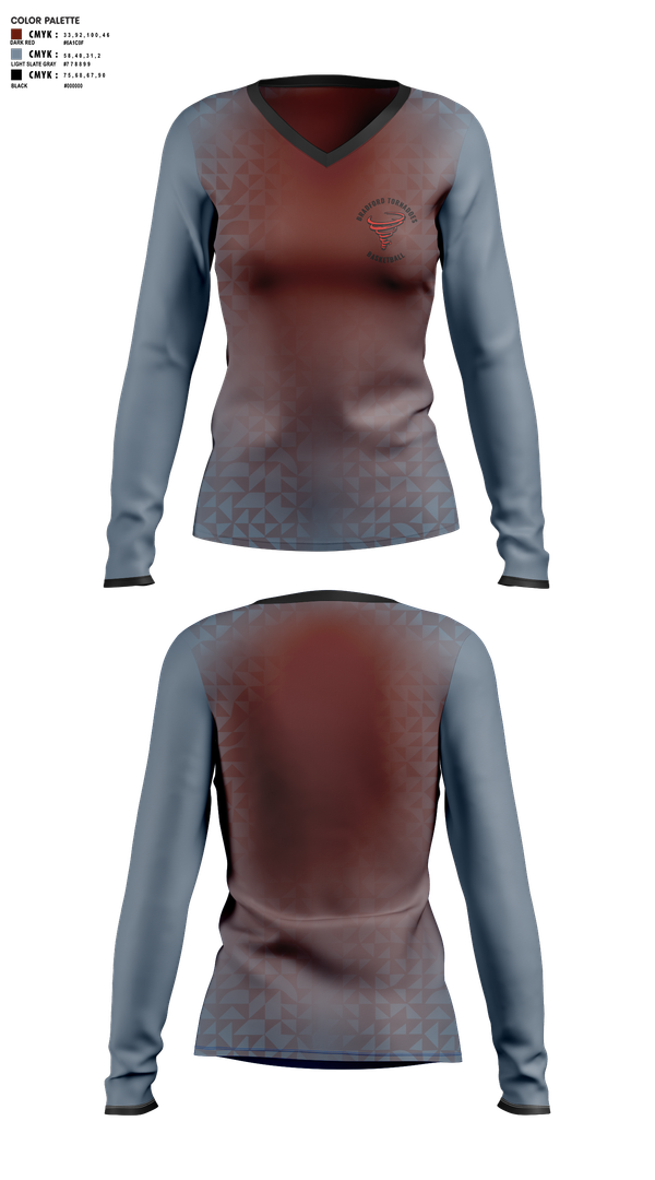 Womens Long Sleeve Vneck Shirt, Bradford Middle School Tornadoes, Women's Basketball, Teamtime, Team time, sublimation, custom sports apparel, team uniforms, spirit wear, spiritwear, sports uniforms, custom shirts, team store, custom team store, fundraiser sports, apparel fundraiser
