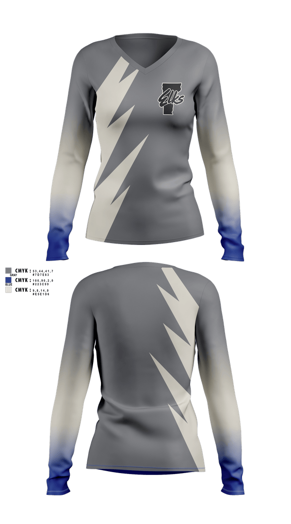Womens Long Sleeve Vneck Shirt, Vermont Elks Association, , Teamtime, Team time, sublimation, custom sports apparel, team uniforms, spirit wear, spiritwear, sports uniforms, custom shirts, team store, custom team store, fundraiser sports, apparel fundraiser