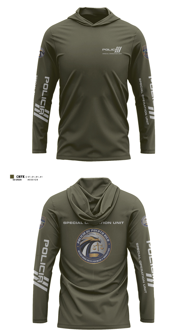 Long Sleeve Performance Shirt with hood, Inteligencia criminal, Police, Teamtime, Team time, sublimation, custom sports apparel, team uniforms, spirit wear, spiritwear, sports uniforms, custom shirts, team store, custom team store, fundraiser sports, apparel fundraiser