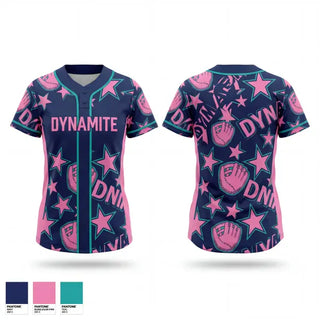Two Button Softball Jersey, Dynamite, Softball, Teamtime, Team time, sublimation, custom sports apparel, team uniforms, spirit wear, spiritwear, sports uniforms, custom shirts, team store, custom team store, fundraiser sports, apparel fundraiser