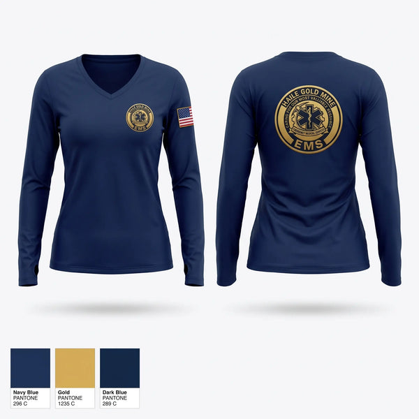 Womens Long Sleeve Vneck Shirt, Haile Gold Mine EMS, EMS/EMT, Teamtime, Team time, sublimation, custom sports apparel, team uniforms, spirit wear, spiritwear, sports uniforms, custom shirts, team store, custom team store, fundraiser sports, apparel fundraiser