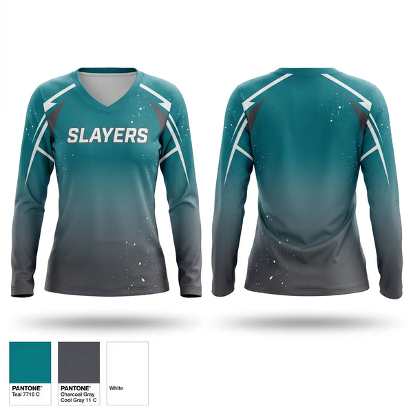Womens Long Sleeve Vneck Shirt, SLAYERS, Softball, Teamtime, Team time, sublimation, custom sports apparel, team uniforms, spirit wear, spiritwear, sports uniforms, custom shirts, team store, custom team store, fundraiser sports, apparel fundraiser