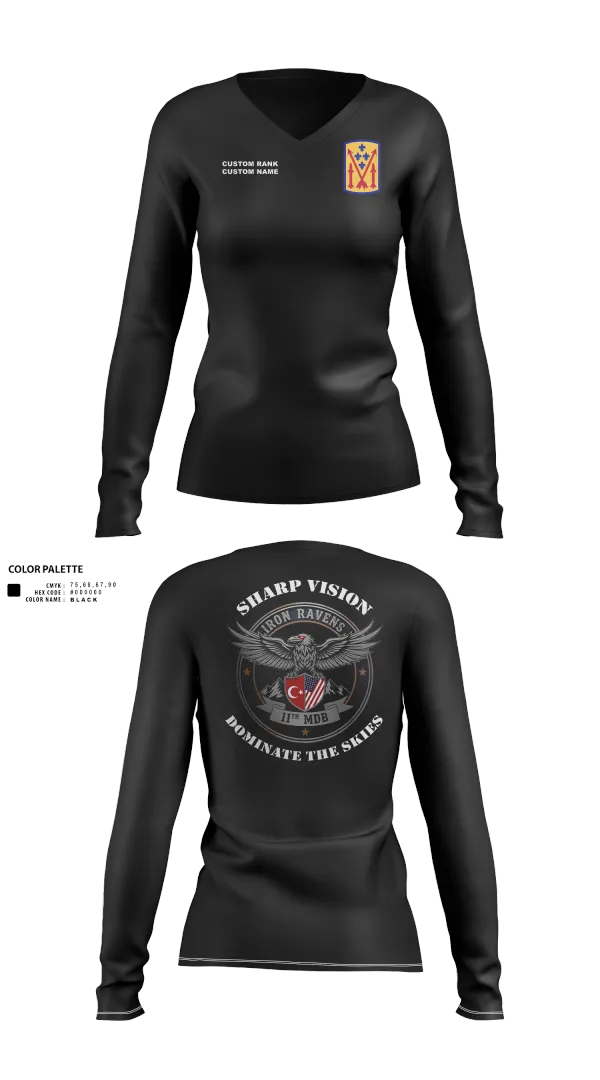 Womens Long Sleeve Vneck Shirt, 11th MDB, Army, Teamtime, Team time, sublimation, custom sports apparel, team uniforms, spirit wear, spiritwear, sports uniforms, custom shirts, team store, custom team store, fundraiser sports, apparel fundraiser