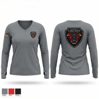 Womens Long Sleeve Vneck Shirt, Lakeside fire, Fire Department, Teamtime, Team time, sublimation, custom sports apparel, team uniforms, spirit wear, spiritwear, sports uniforms, custom shirts, team store, custom team store, fundraiser sports, apparel fundraiser