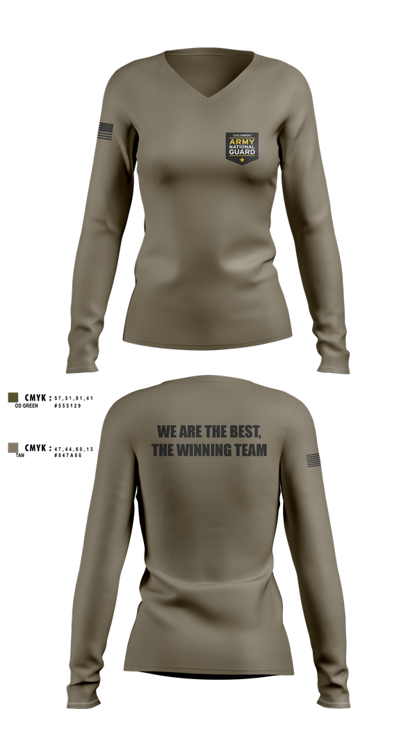 Womens Long Sleeve Vneck Shirt, Recruiting and Retention Battalion, National Guard, Teamtime, Team time, sublimation, custom sports apparel, team uniforms, spirit wear, spiritwear, sports uniforms, custom shirts, team store, custom team store, fundraiser sports, apparel fundraiser