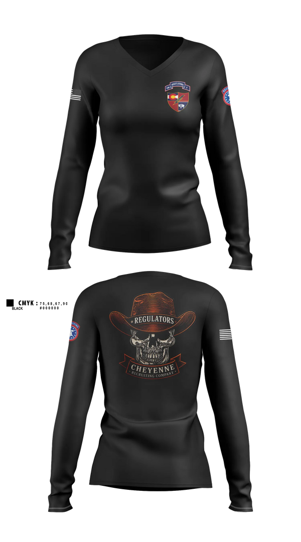 Womens Long Sleeve Vneck Shirt, Cheyenne US Army Recruiting Company, Army, Teamtime, Team time, sublimation, custom sports apparel, team uniforms, spirit wear, spiritwear, sports uniforms, custom shirts, team store, custom team store, fundraiser sports, apparel fundraiser