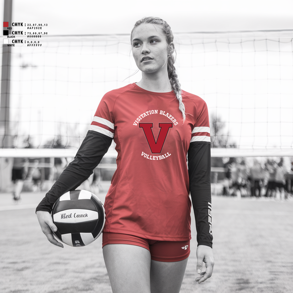 Womens Long Sleeve Vneck Shirt, Visitation Blazers Volleyball, Women's Volleyball, Teamtime, Team time, sublimation, custom sports apparel, team uniforms, spirit wear, spiritwear, sports uniforms, custom shirts, team store, custom team store, fundraiser sports, apparel fundraiser