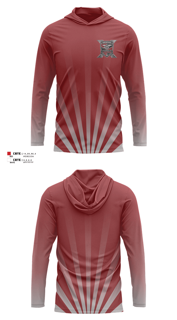 Long Sleeve Performance Shirt with hood, Region 1398 Arsenal, Men's Soccer, Teamtime, Team time, sublimation, custom sports apparel, team uniforms, spirit wear, spiritwear, sports uniforms, custom shirts, team store, custom team store, fundraiser sports, apparel fundraiser