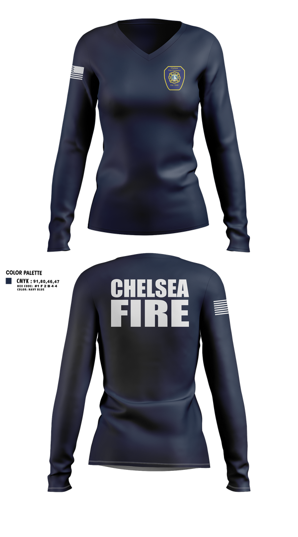 Womens Long Sleeve Vneck Shirt, Chelsea Fire, Fire Department, Teamtime, Team time, sublimation, custom sports apparel, team uniforms, spirit wear, spiritwear, sports uniforms, custom shirts, team store, custom team store, fundraiser sports, apparel fundraiser
