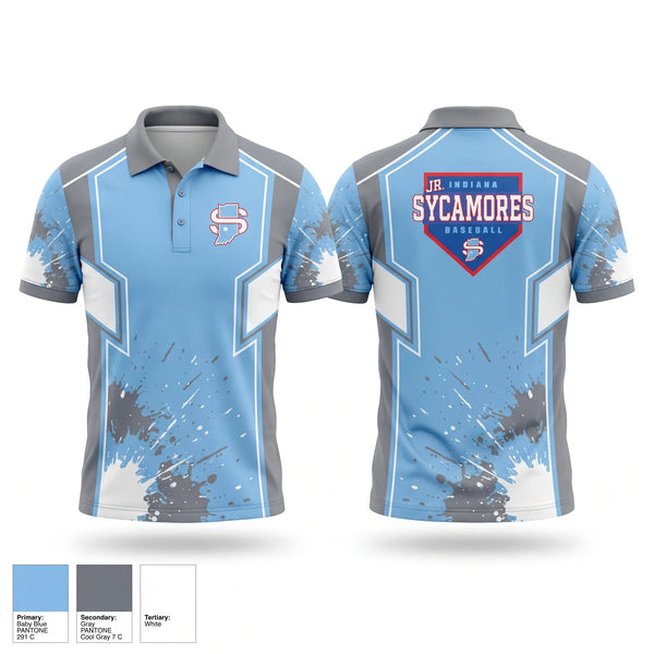 Short Sleeve Performance Polo, Indiana Jr Sycamores, Baseball, Teamtime, Team time, sublimation, custom sports apparel, team uniforms, spirit wear, spiritwear, sports uniforms, custom shirts, team store, custom team store, fundraiser sports, apparel fundraiser