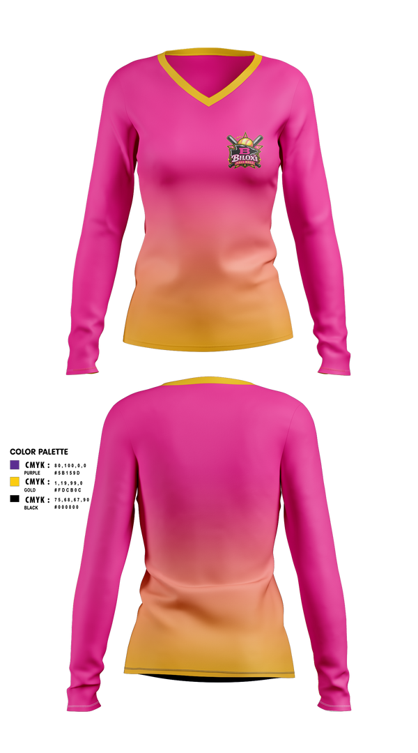 Womens Long Sleeve Vneck Shirt, Biloxi, Softball, Teamtime, Team time, sublimation, custom sports apparel, team uniforms, spirit wear, spiritwear, sports uniforms, custom shirts, team store, custom team store, fundraiser sports, apparel fundraiser