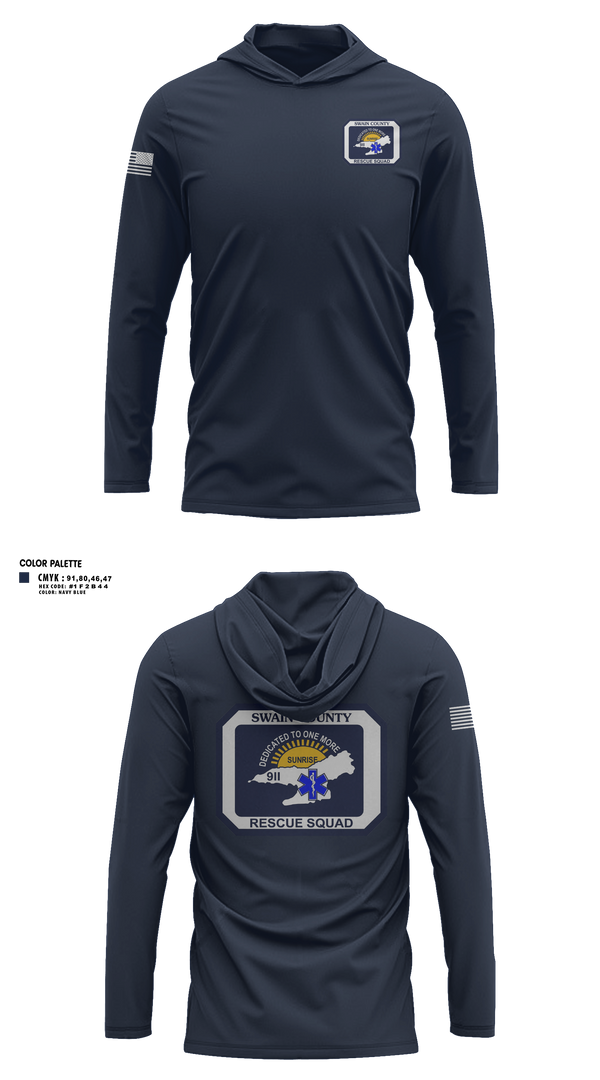 Long Sleeve Hooded Sun Shirt, Swain county rescue squad, EMS/EMT, Teamtime, Team time, sublimation, custom sports apparel, team uniforms, spirit wear, spiritwear, sports uniforms, custom shirts, team store, custom team store, fundraiser sports, apparel fundraiser