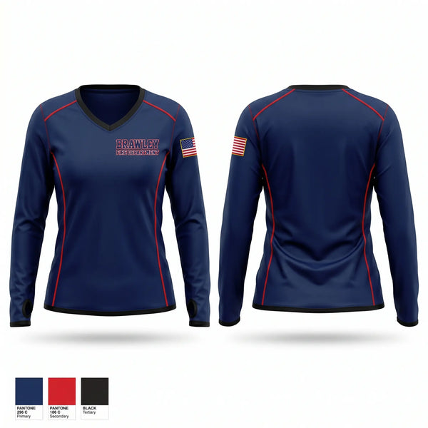 Womens Long Sleeve Vneck Shirt, Brawley Fire Department, Fire Department, Teamtime, Team time, sublimation, custom sports apparel, team uniforms, spirit wear, spiritwear, sports uniforms, custom shirts, team store, custom team store, fundraiser sports, apparel fundraiser