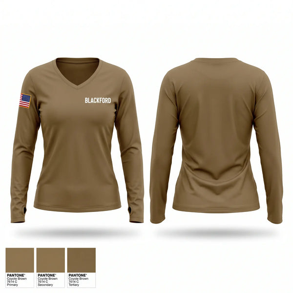 Womens Long Sleeve Vneck Shirt, BLACKFORD, Army, Teamtime, Team time, sublimation, custom sports apparel, team uniforms, spirit wear, spiritwear, sports uniforms, custom shirts, team store, custom team store, fundraiser sports, apparel fundraiser