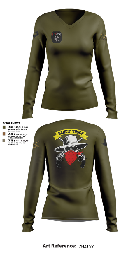 Womens Long Sleeve Vneck Shirt, 6-9 bandit troop, Army, Teamtime, Team time, sublimation, custom sports apparel, team uniforms, spirit wear, spiritwear, sports uniforms, custom shirts, team store, custom team store, fundraiser sports, apparel fundraiser