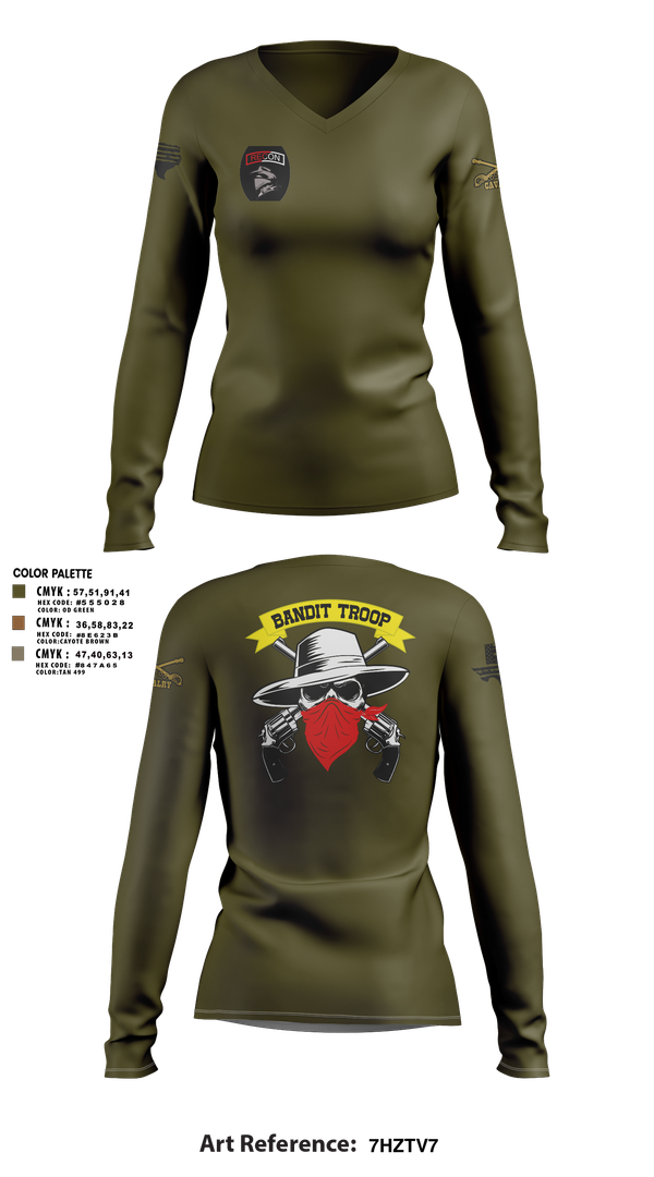 Womens Long Sleeve Vneck Shirt, 6-9 bandit troop, Army, Teamtime, Team time, sublimation, custom sports apparel, team uniforms, spirit wear, spiritwear, sports uniforms, custom shirts, team store, custom team store, fundraiser sports, apparel fundraiser