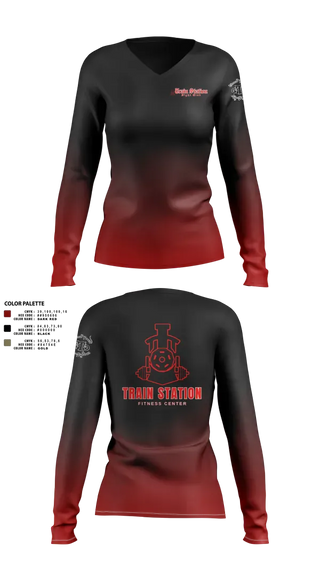 Womens Long Sleeve Vneck Shirt, Train Station Fight Club, Spirit Store, Teamtime, Team time, sublimation, custom sports apparel, team uniforms, spirit wear, spiritwear, sports uniforms, custom shirts, team store, custom team store, fundraiser sports, apparel fundraiser