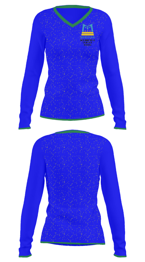 Women's Long Sleeve Vneck Shirt, Meridian Public Charter School, Spirit Store, Teamtime, Team time, sublimation, custom sports apparel, team uniforms, spirit wear, spiritwear, sports uniforms, custom shirts, team store, custom team store, fundraiser sports, apparel fundraiser