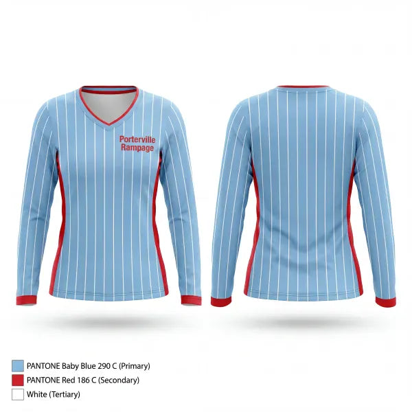 Womens Long Sleeve Vneck Shirt, Porterville Rampage, Softball, Teamtime, Team time, sublimation, custom sports apparel, team uniforms, spirit wear, spiritwear, sports uniforms, custom shirts, team store, custom team store, fundraiser sports, apparel fundraiser