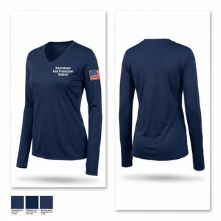 Womens Long Sleeve Vneck Shirt, Harristown Fire Protection District, Fire Department, Teamtime, Team time, sublimation, custom sports apparel, team uniforms, spirit wear, spiritwear, sports uniforms, custom shirts, team store, custom team store, fundraiser sports, apparel fundraiser