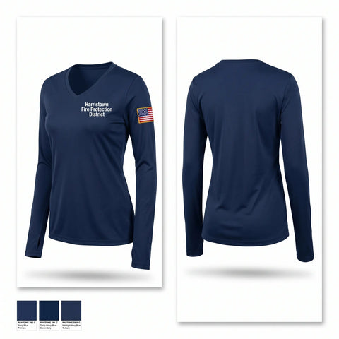 Womens Long Sleeve Vneck Shirt, Harristown Fire Protection District, Fire Department, Teamtime, Team time, sublimation, custom sports apparel, team uniforms, spirit wear, spiritwear, sports uniforms, custom shirts, team store, custom team store, fundraiser sports, apparel fundraiser