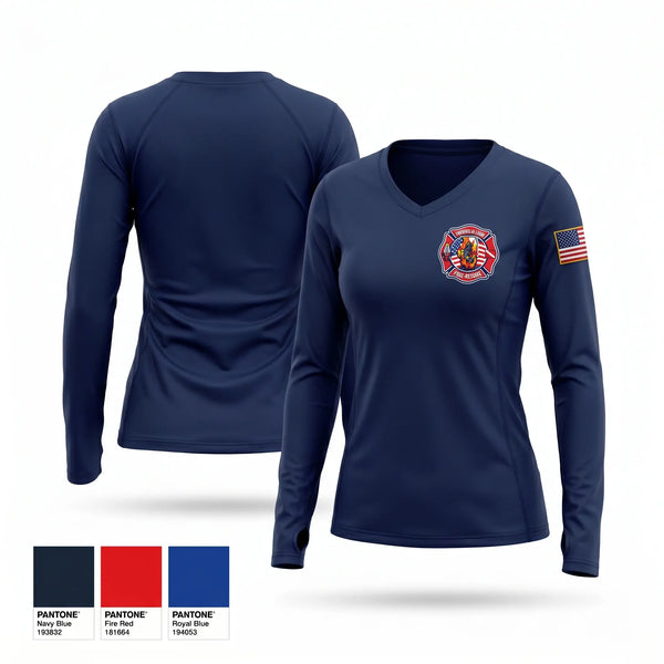 Womens Long Sleeve Vneck Shirt, Lawrence-Allison Fire Protection District, Fire Department, Teamtime, Team time, sublimation, custom sports apparel, team uniforms, spirit wear, spiritwear, sports uniforms, custom shirts, team store, custom team store, fundraiser sports, apparel fundraiser