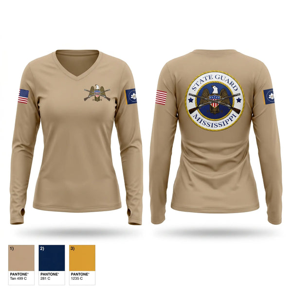 Womens Long Sleeve Vneck Shirt, MSSG 215th FSC CO, National Guard, Teamtime, Team time, sublimation, custom sports apparel, team uniforms, spirit wear, spiritwear, sports uniforms, custom shirts, team store, custom team store, fundraiser sports, apparel fundraiser