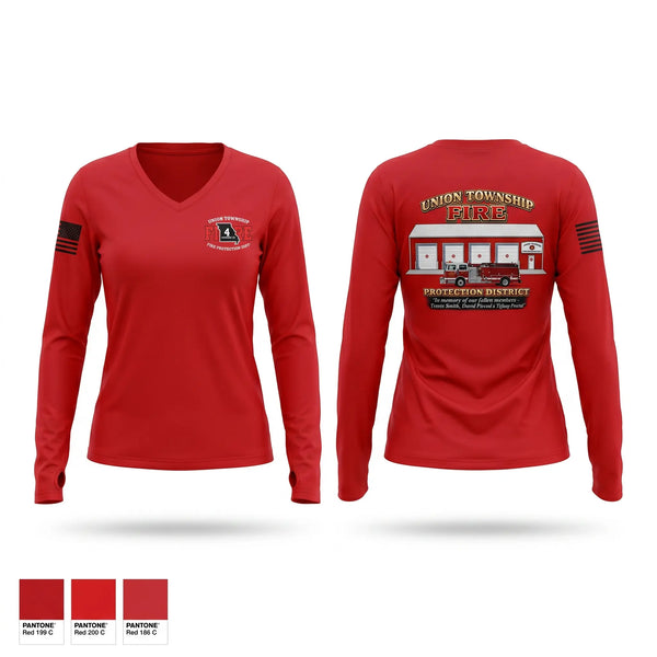 Womens Long Sleeve Vneck Shirt, UNION TOWNSHIP FIRE PROTECTION DISTRICT, Fire Department, Teamtime, Team time, sublimation, custom sports apparel, team uniforms, spirit wear, spiritwear, sports uniforms, custom shirts, team store, custom team store, fundraiser sports, apparel fundraiser