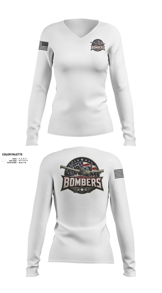 Womens Long Sleeve Vneck Shirt, Bombers, Baseball, Teamtime, Team time, sublimation, custom sports apparel, team uniforms, spirit wear, spiritwear, sports uniforms, custom shirts, team store, custom team store, fundraiser sports, apparel fundraiser