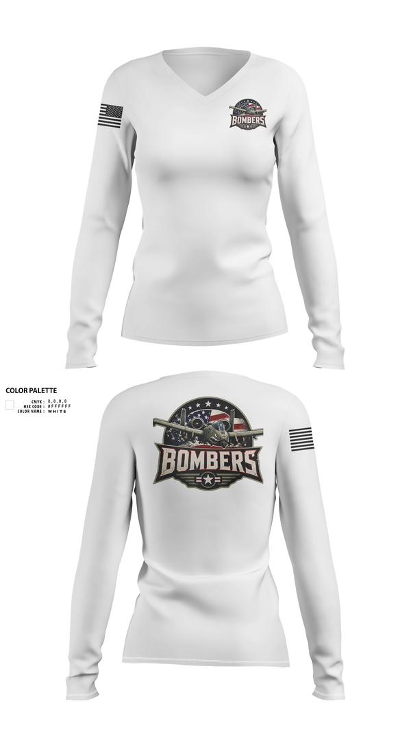 Womens Long Sleeve Vneck Shirt, Bombers, Baseball, Teamtime, Team time, sublimation, custom sports apparel, team uniforms, spirit wear, spiritwear, sports uniforms, custom shirts, team store, custom team store, fundraiser sports, apparel fundraiser