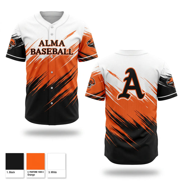 Full Button Baseball Jersey, Alma, Baseball, Teamtime, Team time, sublimation, custom sports apparel, team uniforms, spirit wear, spiritwear, sports uniforms, custom shirts, team store, custom team store, fundraiser sports, apparel fundraiser