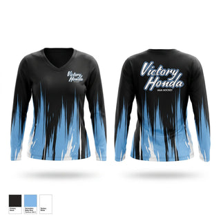 Womens Long Sleeve Vneck Shirt, Victory Honda AAA Hockey, Ice Hockey, Teamtime, Team time, sublimation, custom sports apparel, team uniforms, spirit wear, spiritwear, sports uniforms, custom shirts, team store, custom team store, fundraiser sports, apparel fundraiser
