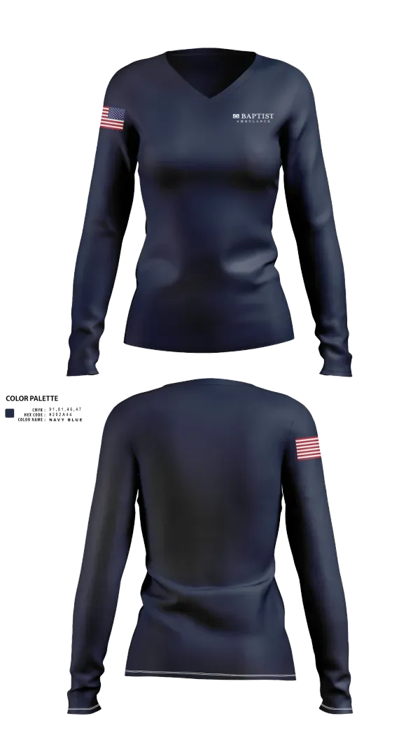 Womens Long Sleeve Vneck Shirt, Baptist EMS, EMS/EMT, Teamtime, Team time, sublimation, custom sports apparel, team uniforms, spirit wear, spiritwear, sports uniforms, custom shirts, team store, custom team store, fundraiser sports, apparel fundraiser